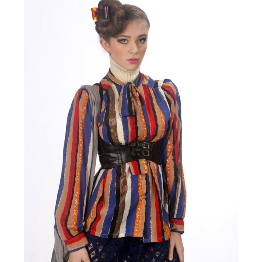 Vintage multi colored striped blouse, ascot top SM